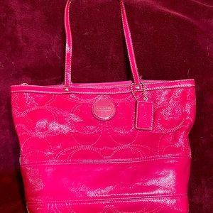 Coach leather stitched signature C berry pink/fuchsia tote with silver hardware
